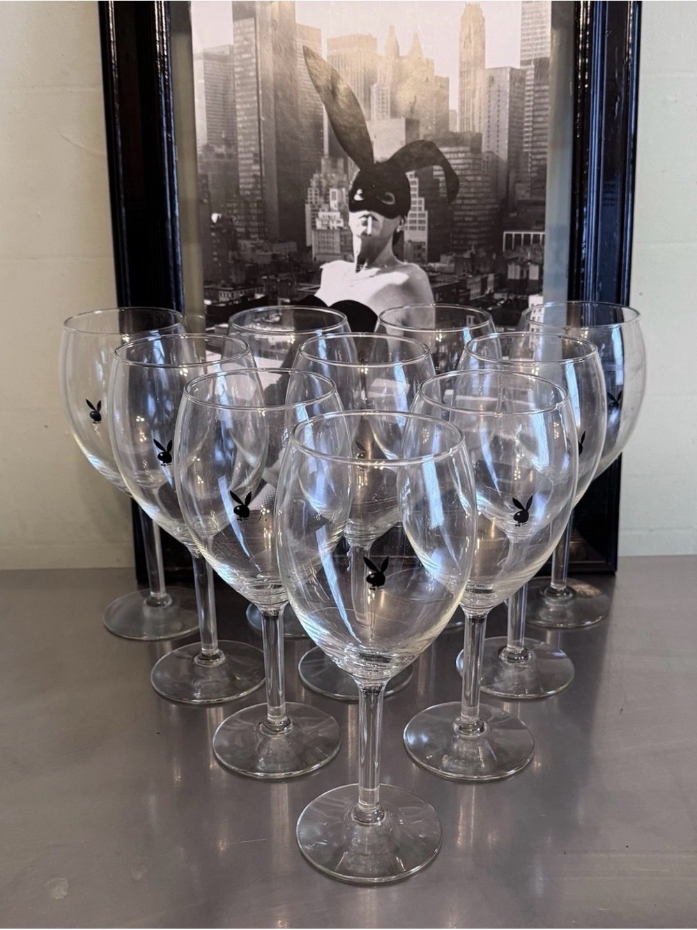 PLAYBOY Clear Wine Glasses with Black Bunny Logo - Set of 10 vintage 60s/70s